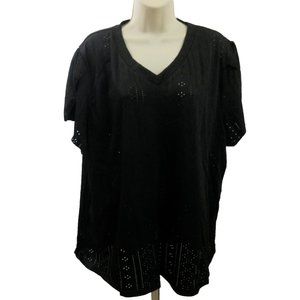 Womens Casual Top Plus Size 1X Black Eyelet Short Cap Flutter Sleeve V-Neck NWOT